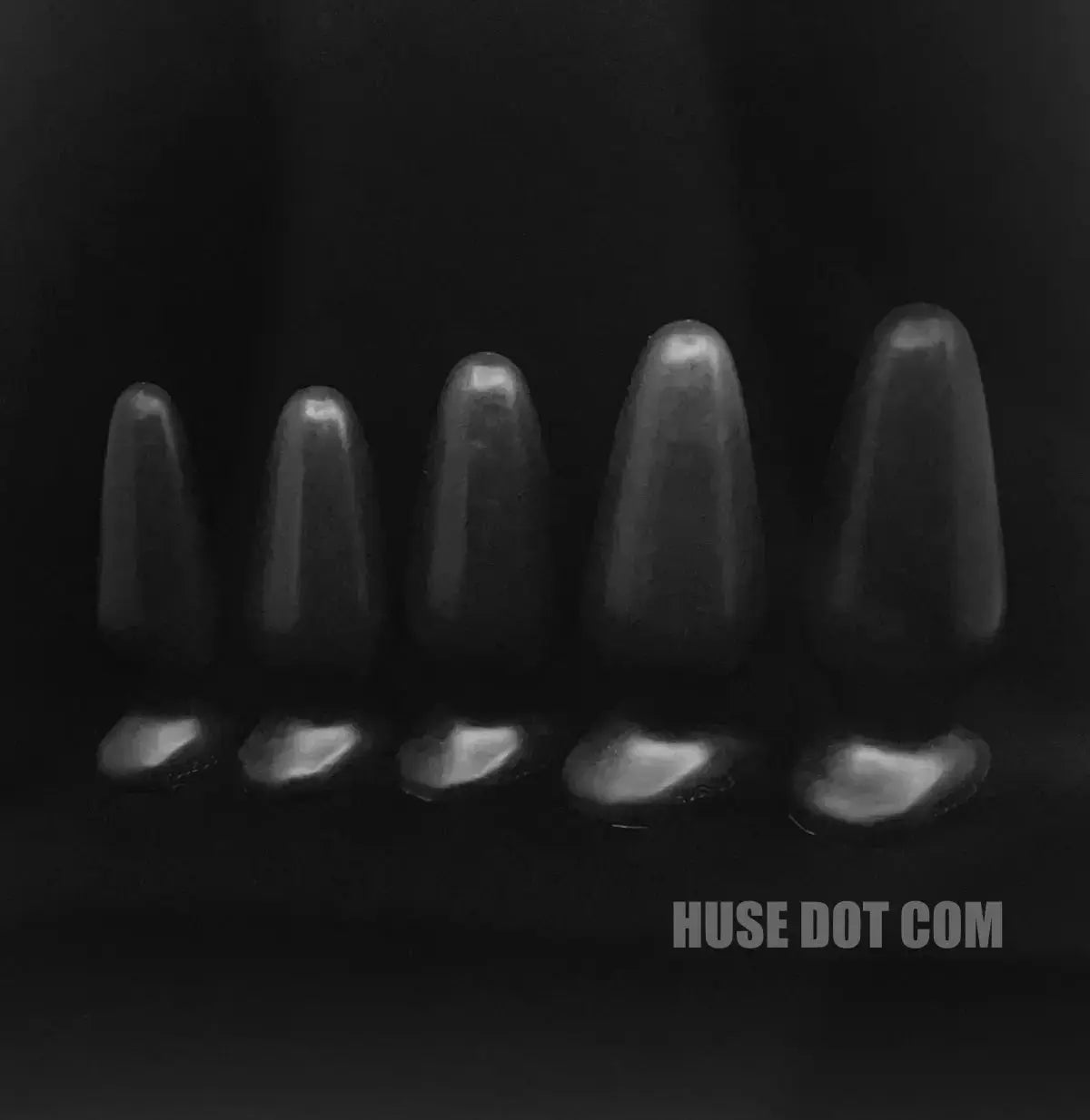 Black and white image of five butt plug sizes background with 'HUSE DOT COM' branding.